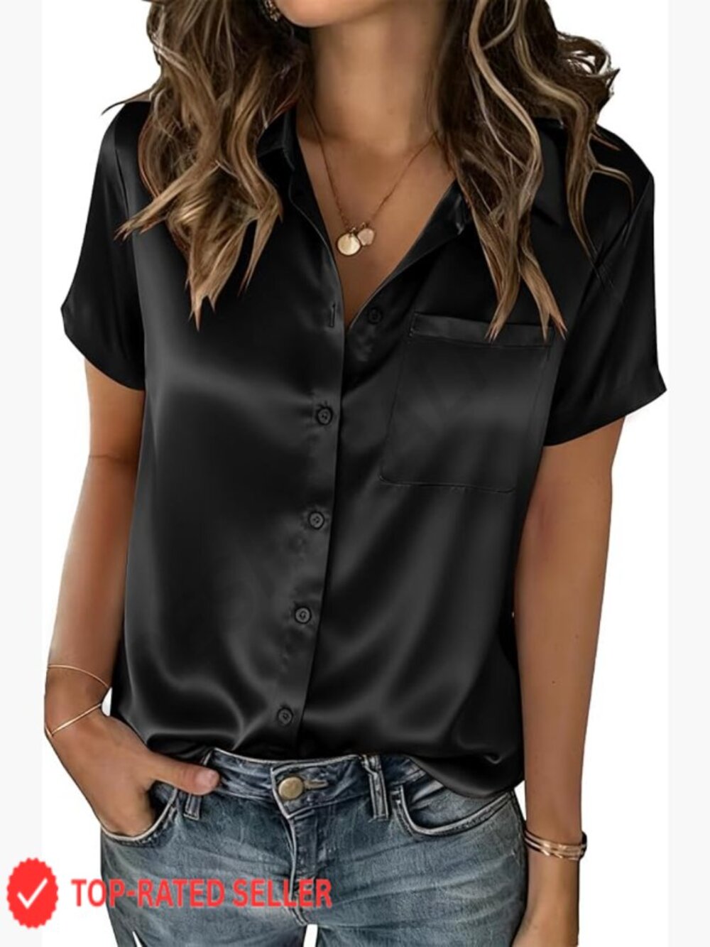 Satin Silk Button Down Shirt Short Sleeve Business Casual Elegant Blouse